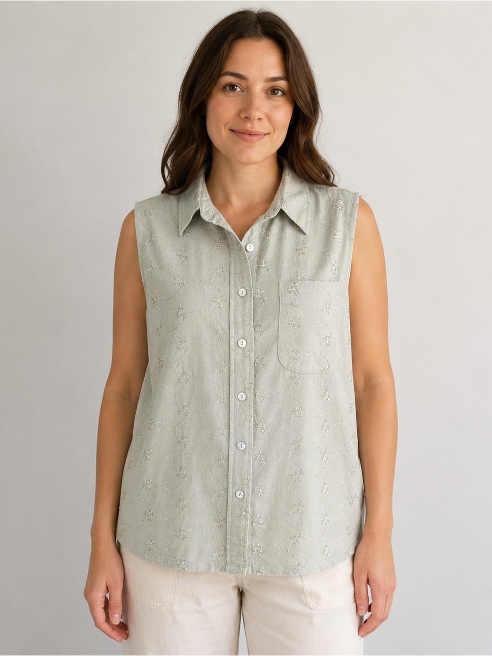Silkland Woman 100% Silk Blouse Womens 2X Beige Floral Embroidered Sleeveless